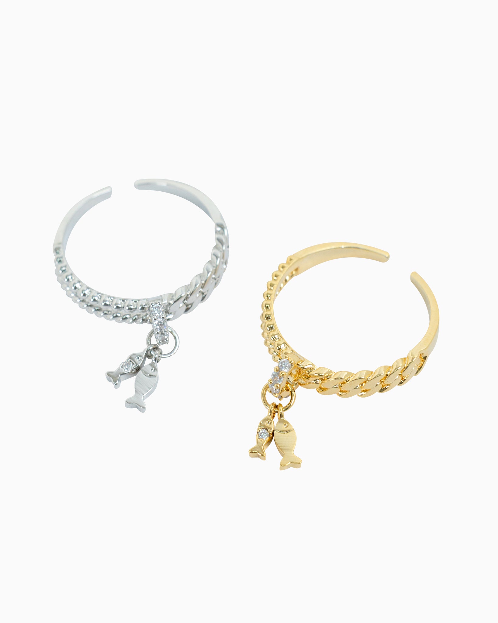 Beach Mode Lucky Catch CZ Fish Charm Open Ring