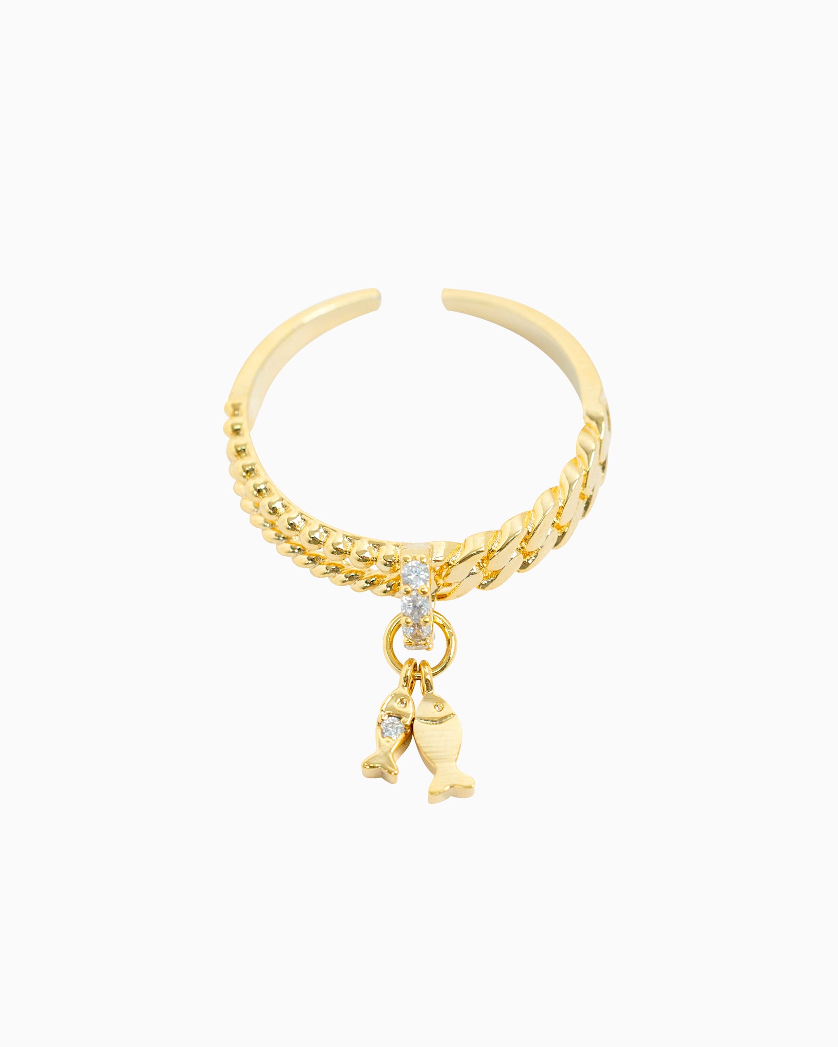 Beach Mode Lucky Catch CZ Fish Charm Open Ring