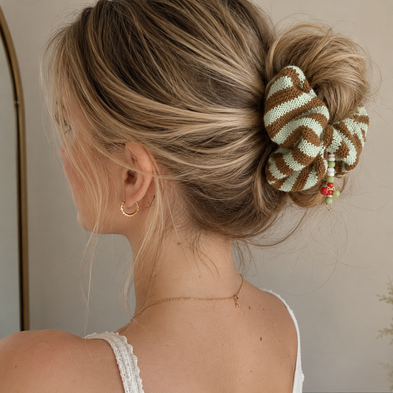 Striped Knit Fabric Scrunchie Hair Tie