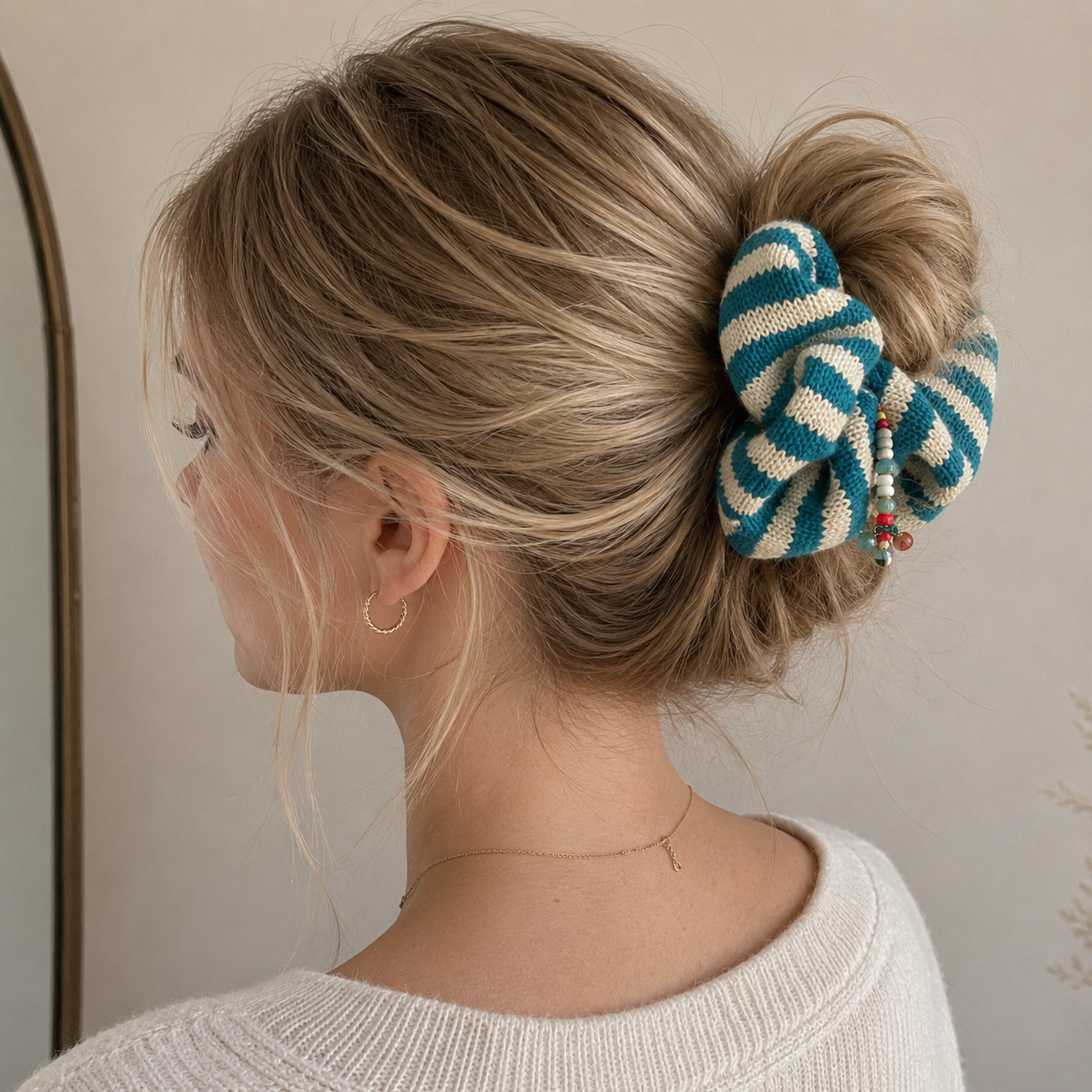 Striped Knit Fabric Beaded Scrunchie Hair Tie-3