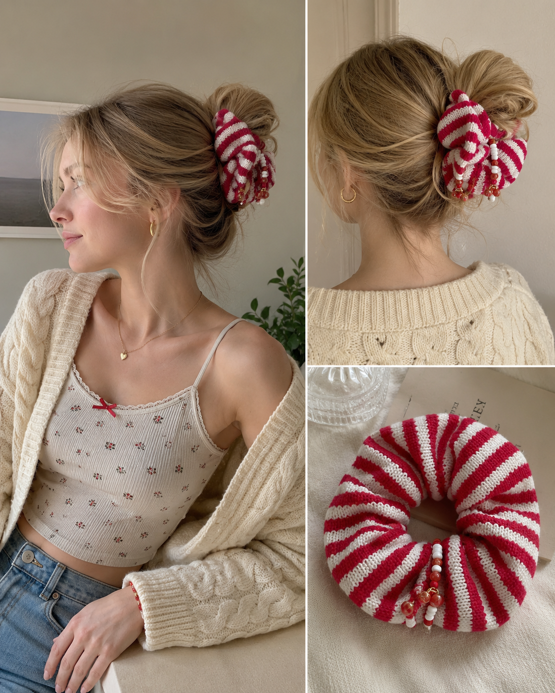 Striped Knit Fabric Beaded Scrunchie Hair Tie-6