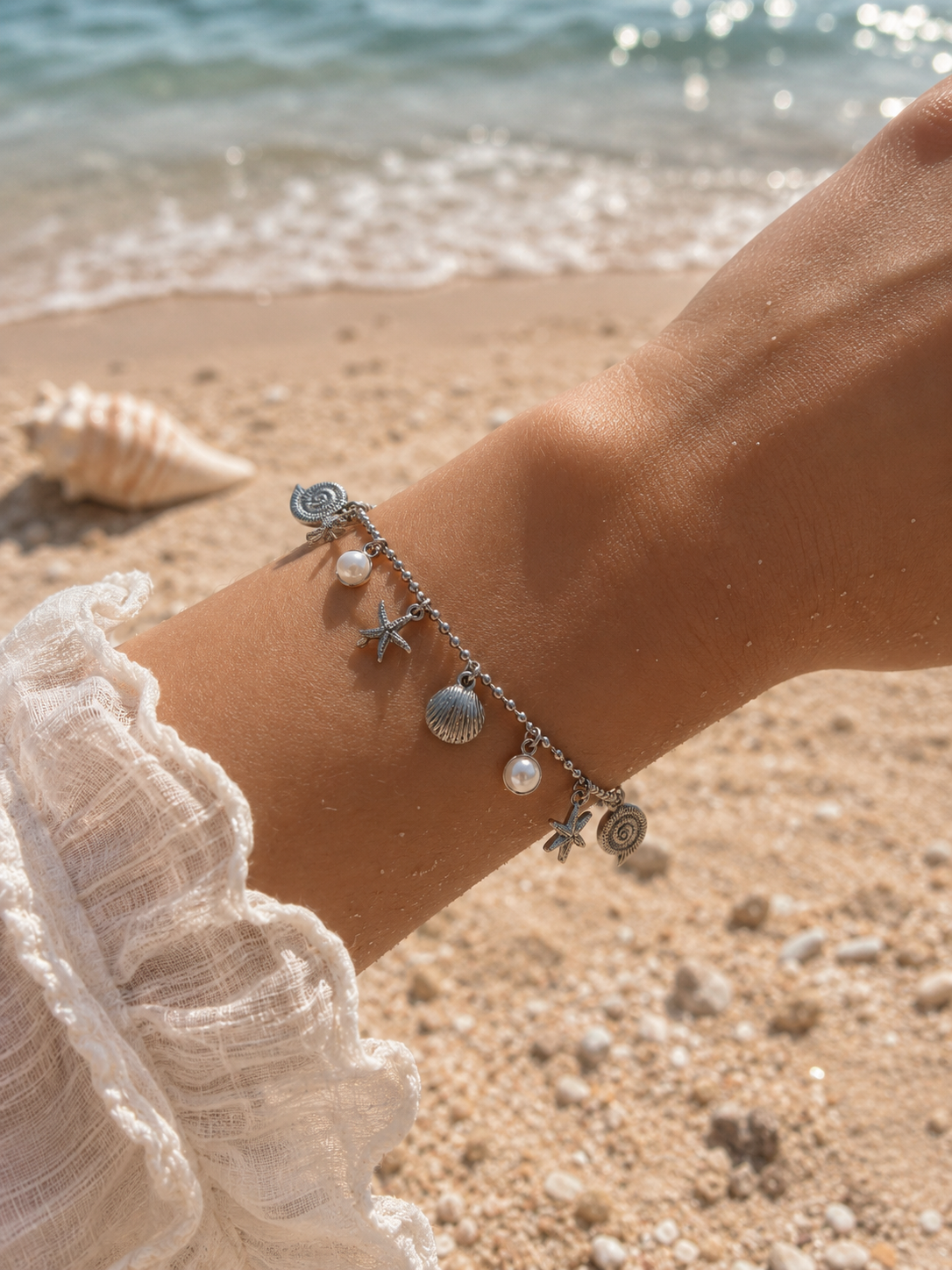 Beach Mode Silver Beach Coastal Bracelet with Pearl & Starfish-1