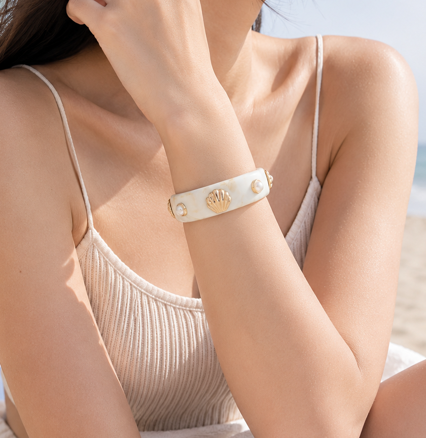 Shell Marble Resin Pearl Bangle Bracelet