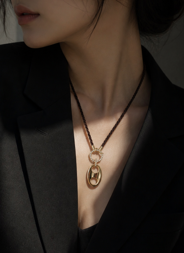 Oval Link Statement with Brown Twist Cord Necklace