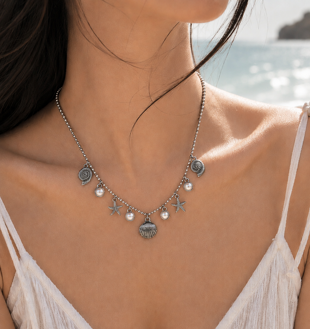 Beach Mode Silver Coastal Pearl Shell Charm Necklace-1