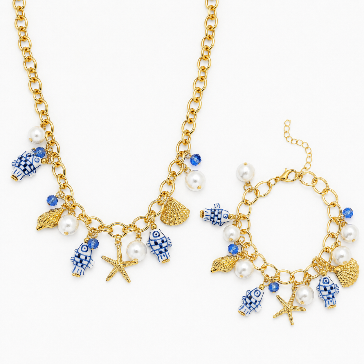 Sea Life Marine Blue Fish Ceramic Charm Necklace Bracelet Set