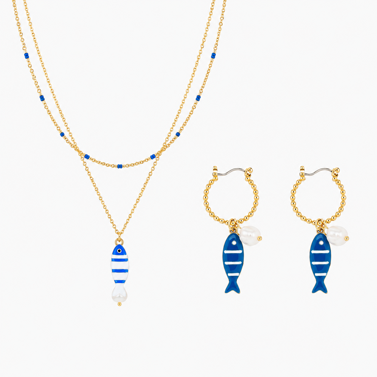 Sea Life Marine Blue Fish Layered Necklace Earrings Set
