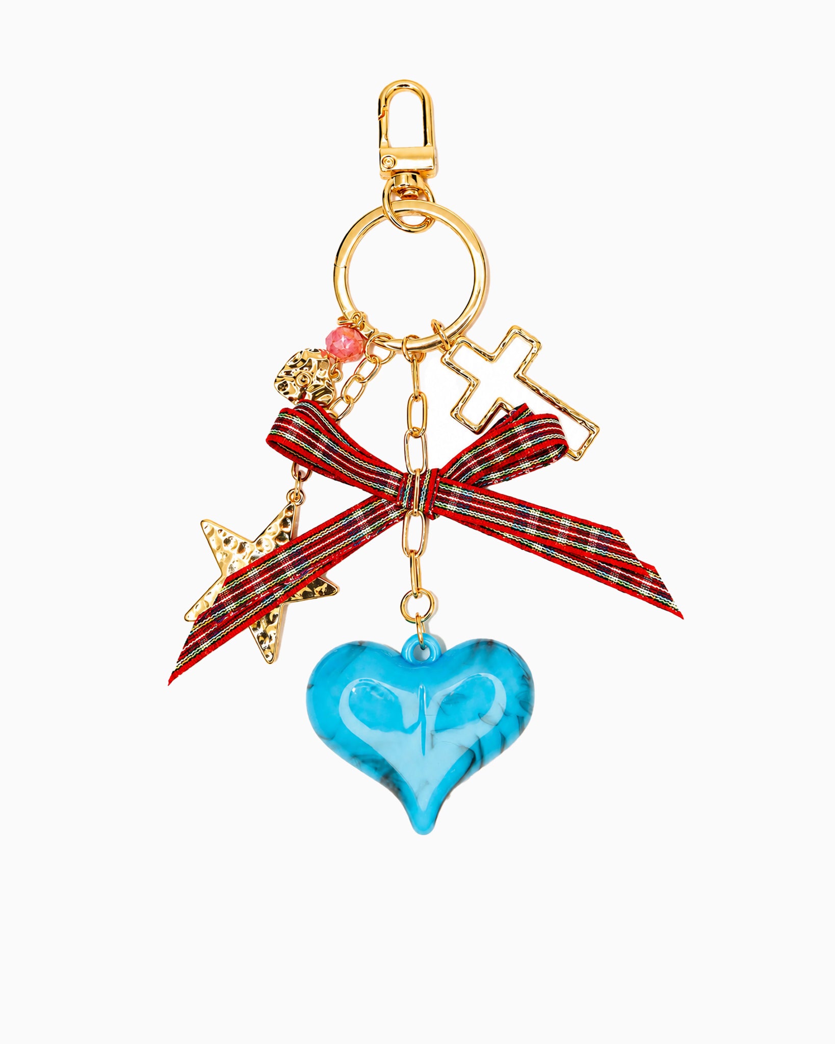 Blue Marble Heart With Vintage Heart Bag Charm Key Chain