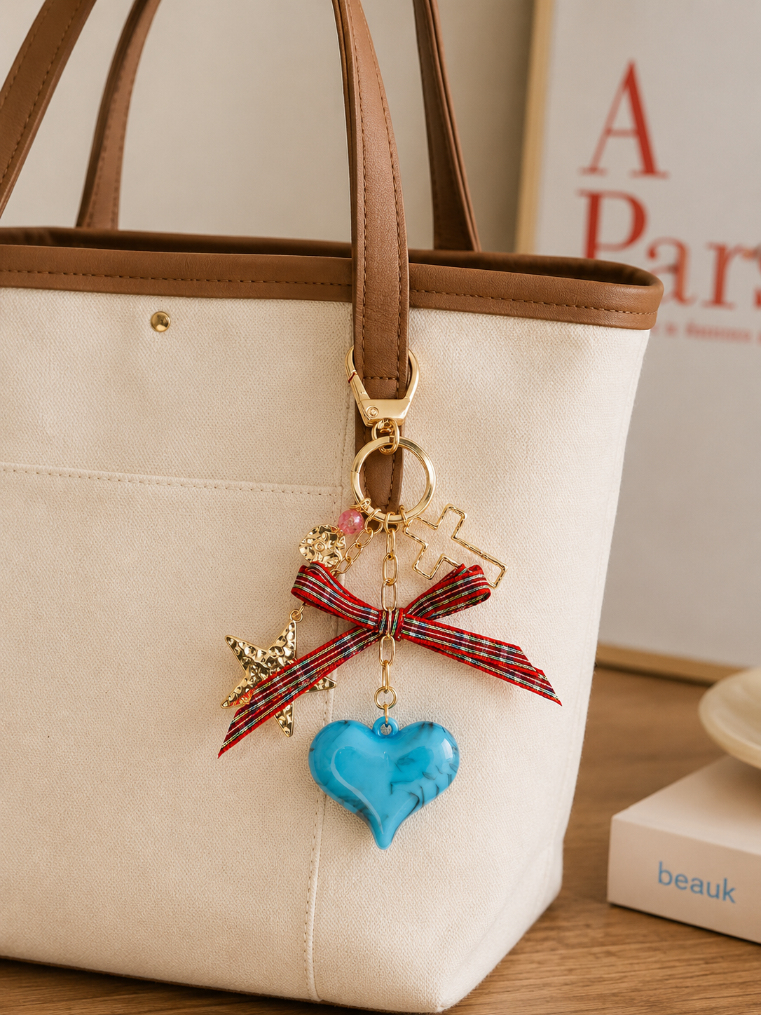 Blue Marble Heart With Vintage Heart Bag Charm Key Chain