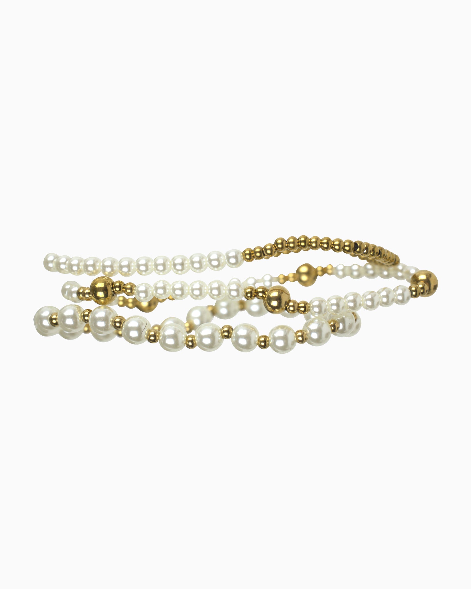 Stainless Steel 3-Piece Pearl & Gold Ball Stretch Bracelet Set