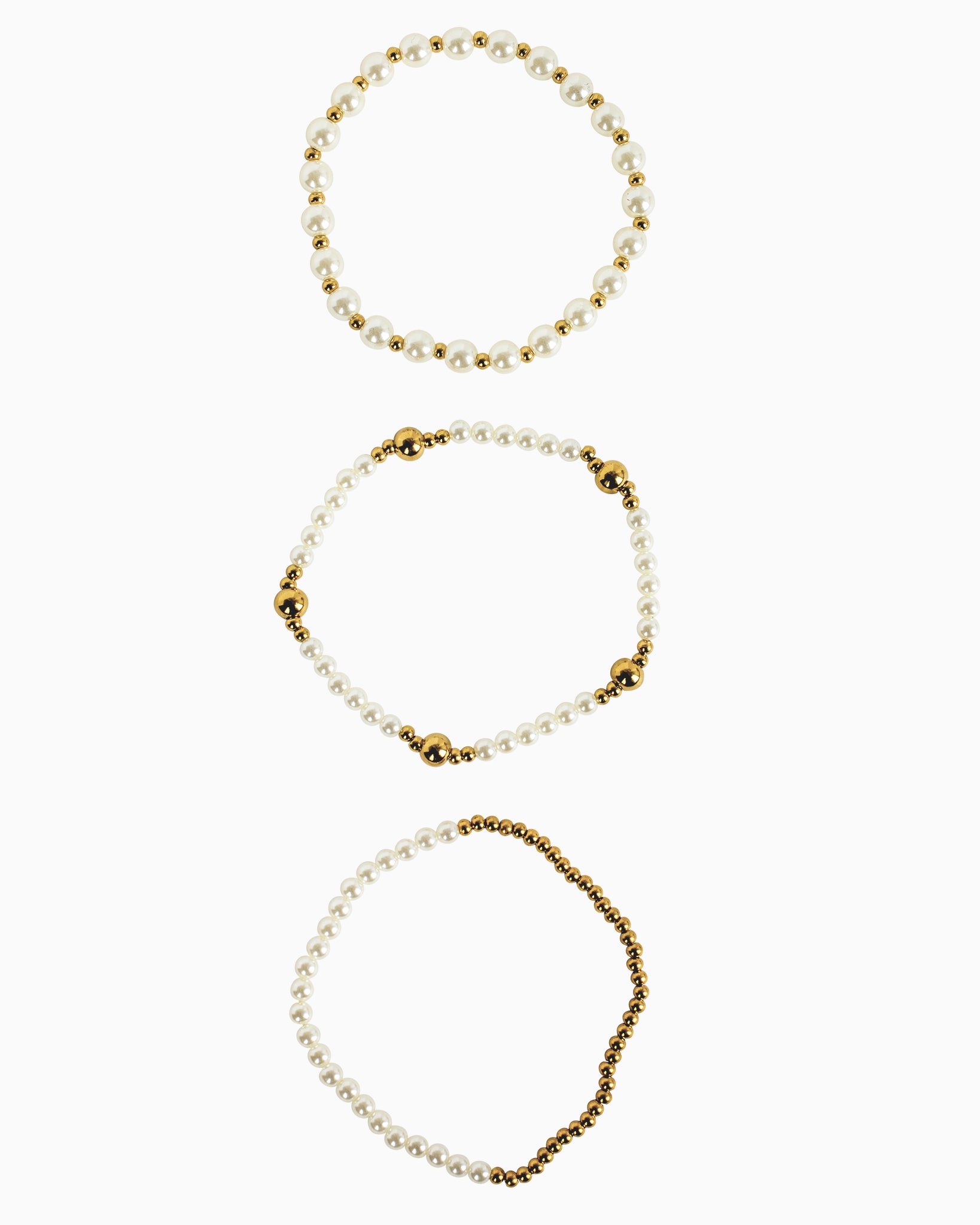Stainless Steel 3-Piece Pearl & Gold Ball Stretch Bracelet Set-3