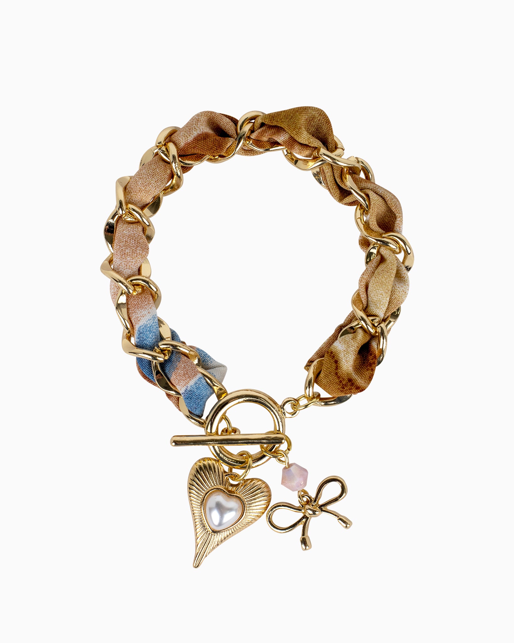Floral Fabric Chain Link With Pearl Heart Charm Bracelet