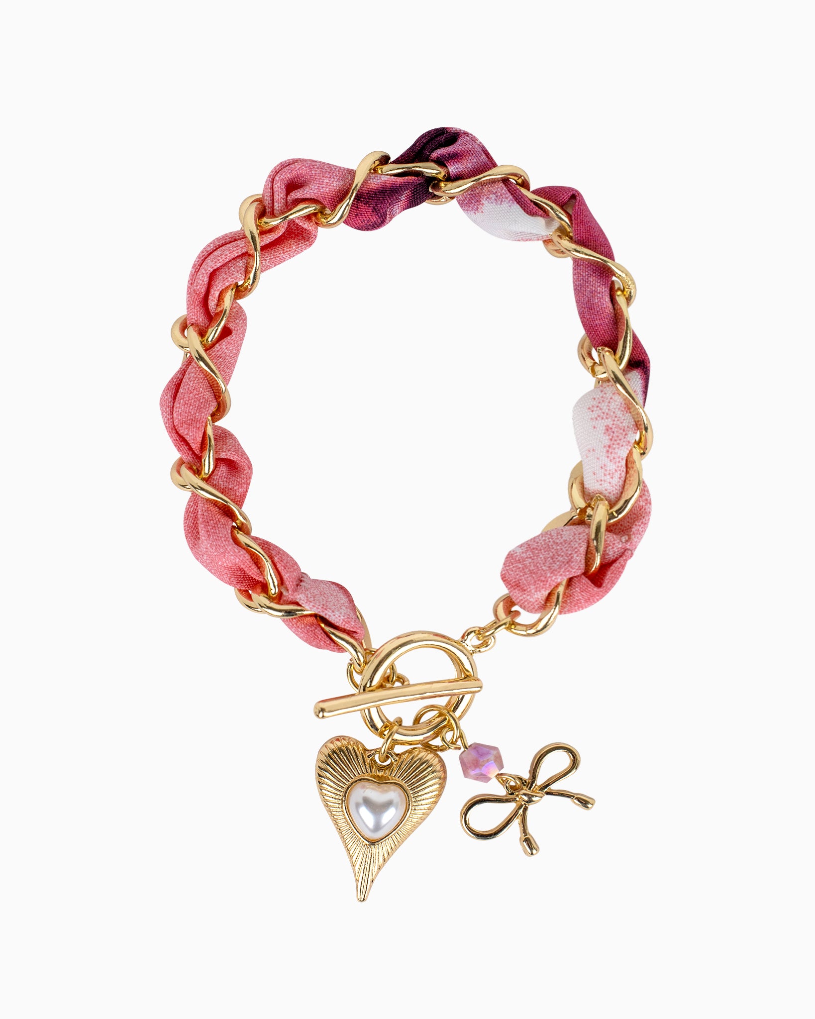 Floral Fabric Chain Link With Pearl Heart Charm Bracelet