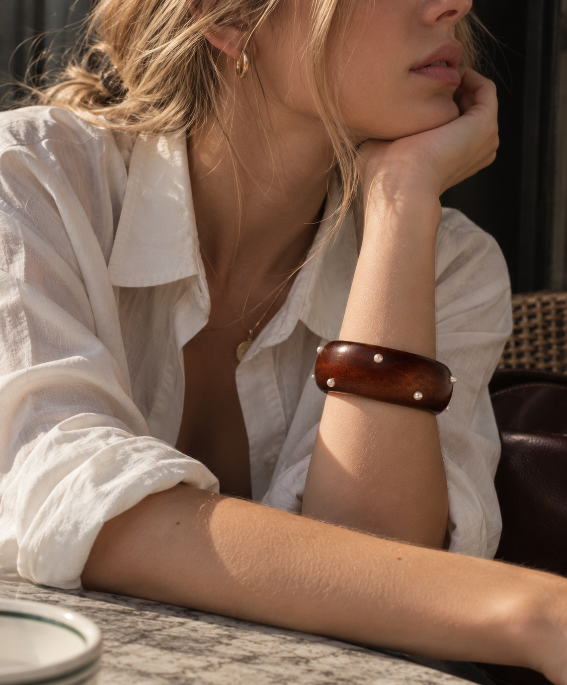 Bold Pearl Studded Wood Bangle Bracelet