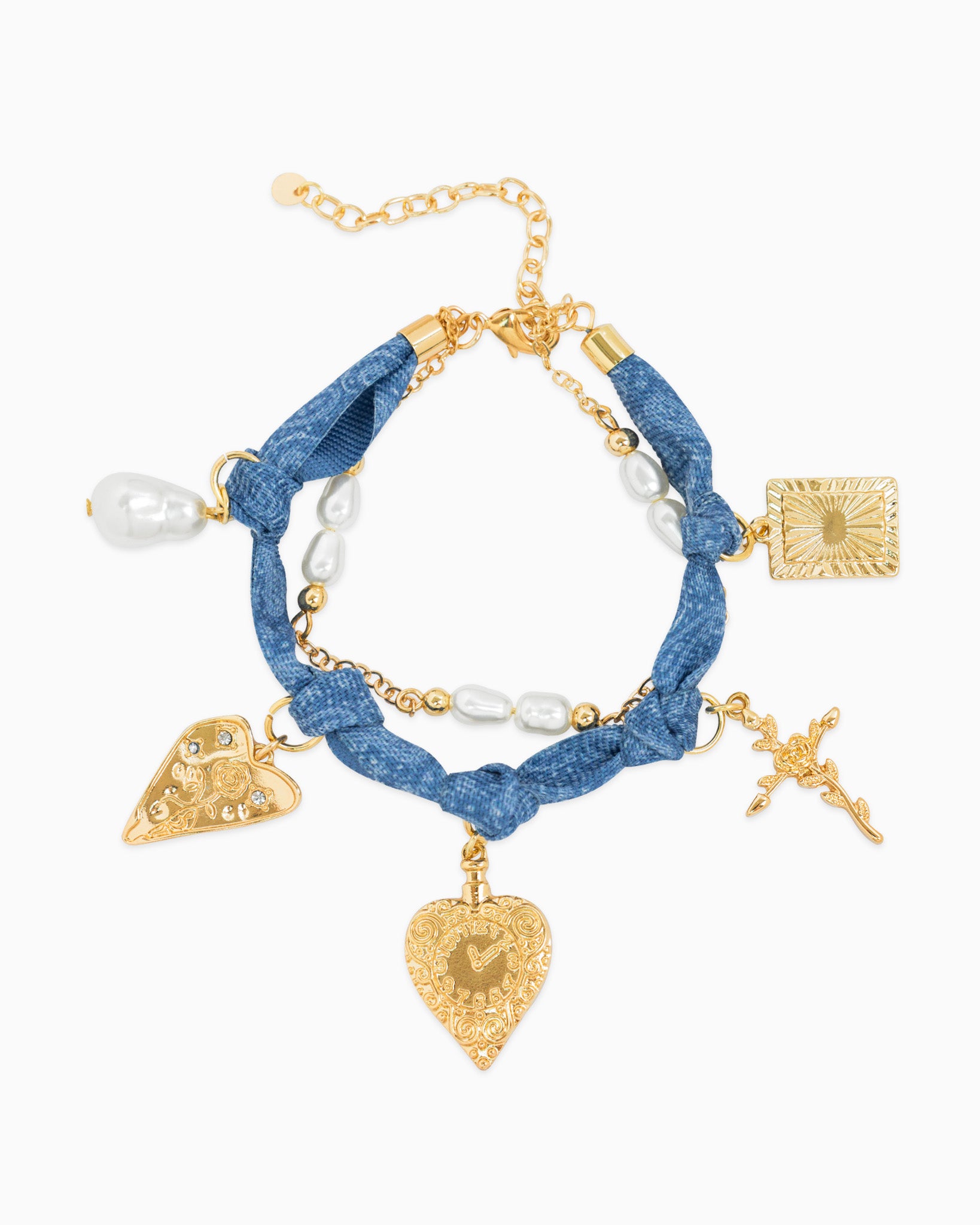 Pearl Layered Denim Bandana Scarf Heart Bracelet