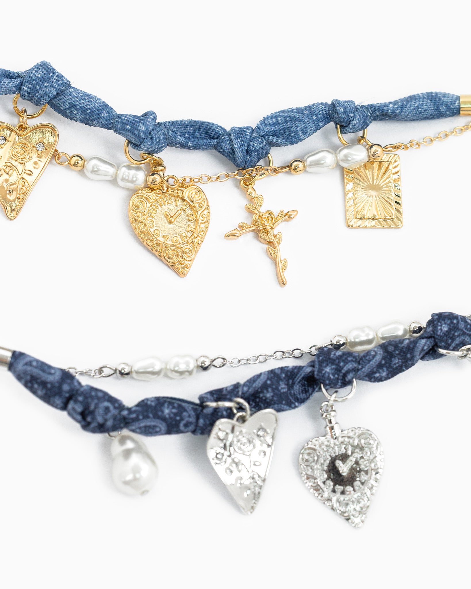 Pearl Layered Denim Bandana Scarf Heart Bracelet