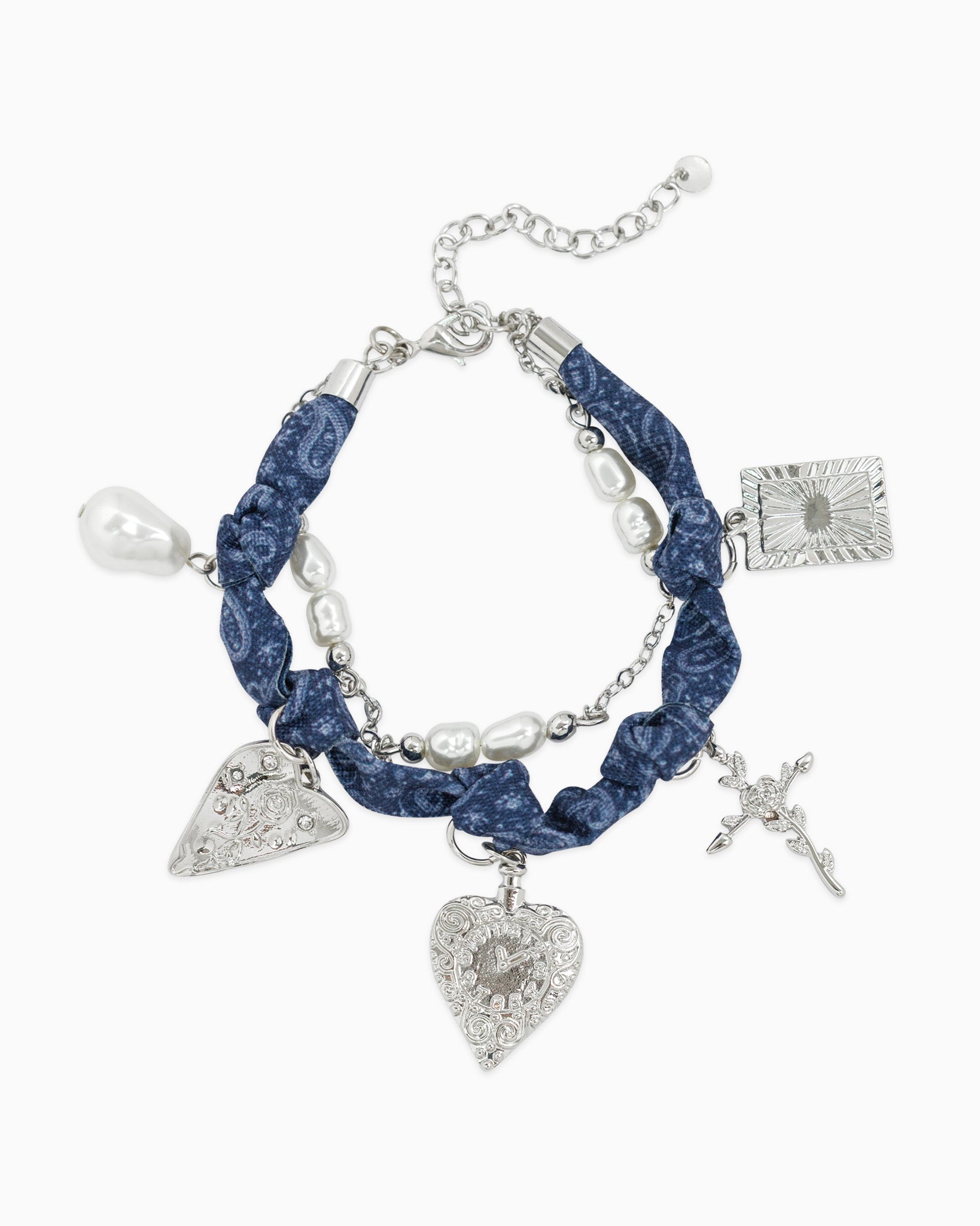 Pearl Layered Denim Bandana Scarf Heart Bracelet
