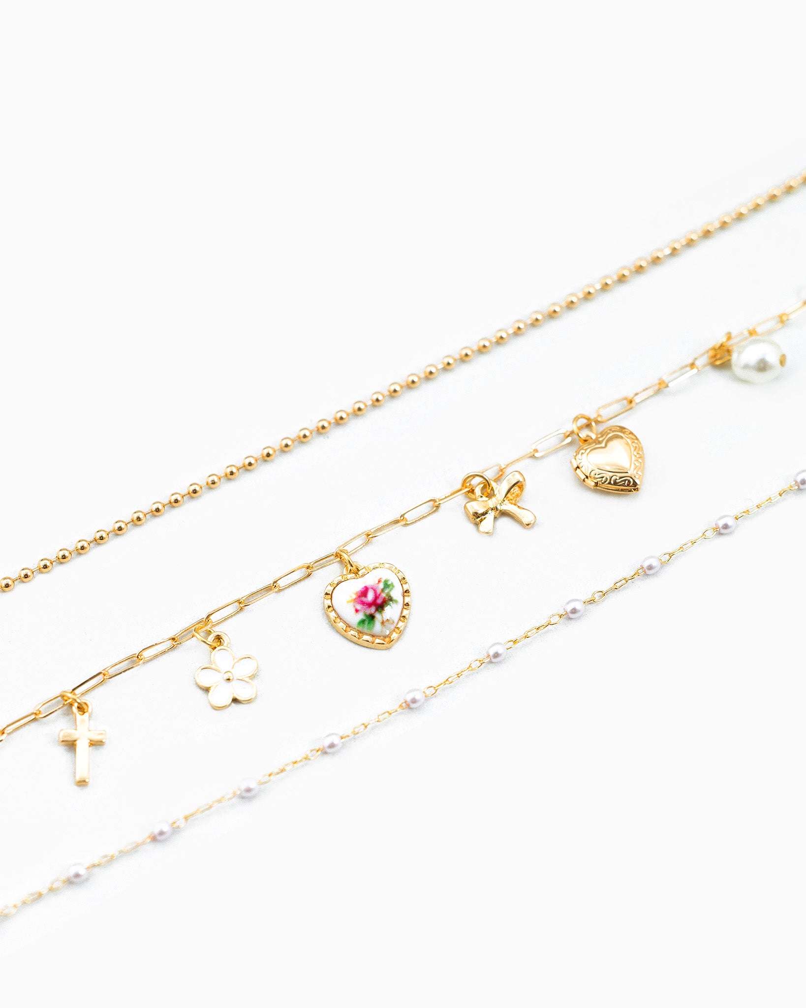 Ceramic Heart Flower Multi Charm Bracelet Set of 3