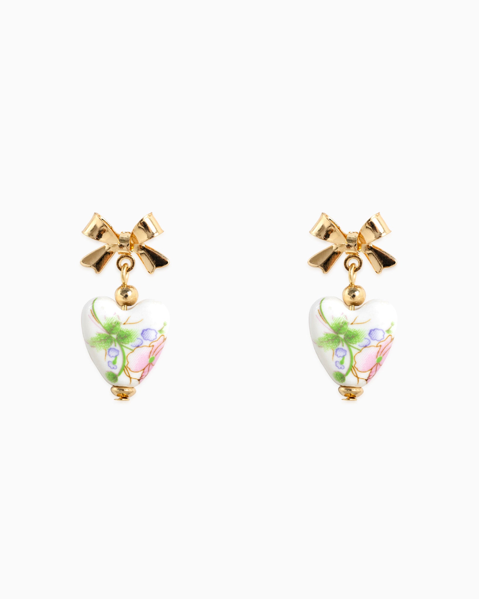 Gold Bow Ceramic Pink Heart Drop Earrings