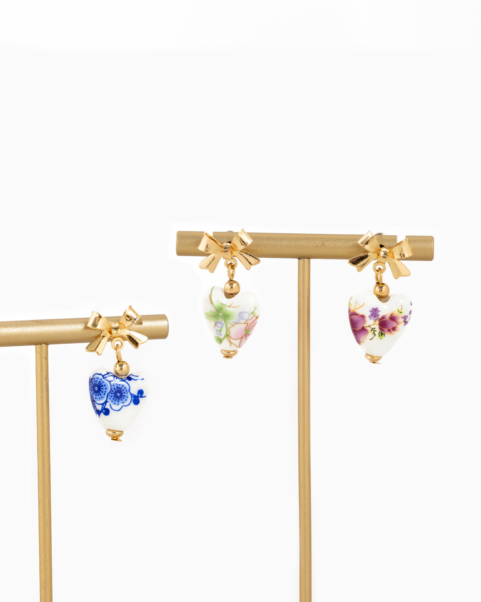 Gold Bow Ceramic Blue Heart Drop Earrings