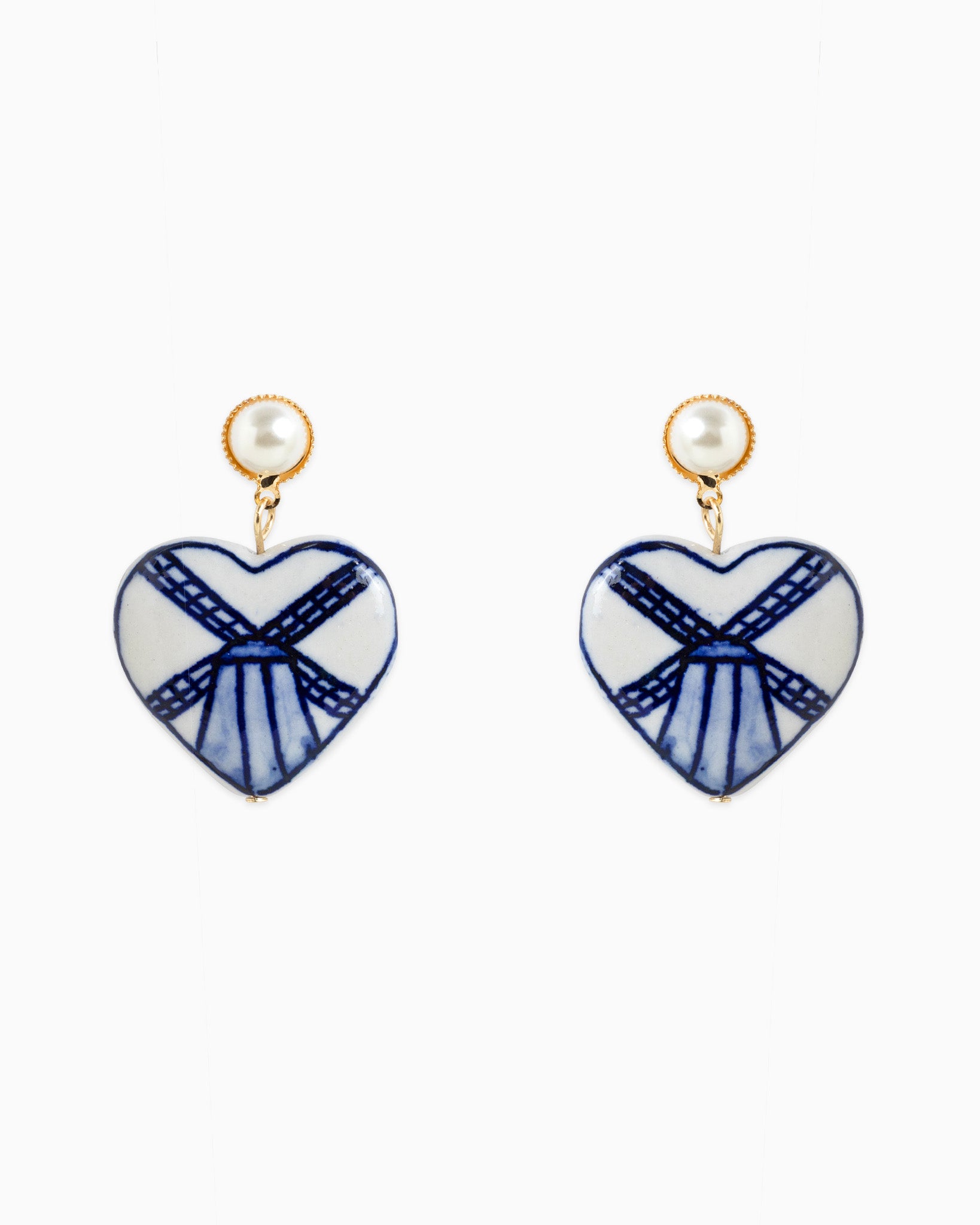 Pearl Drop Ceramic Blue Windmill Heart Earrings