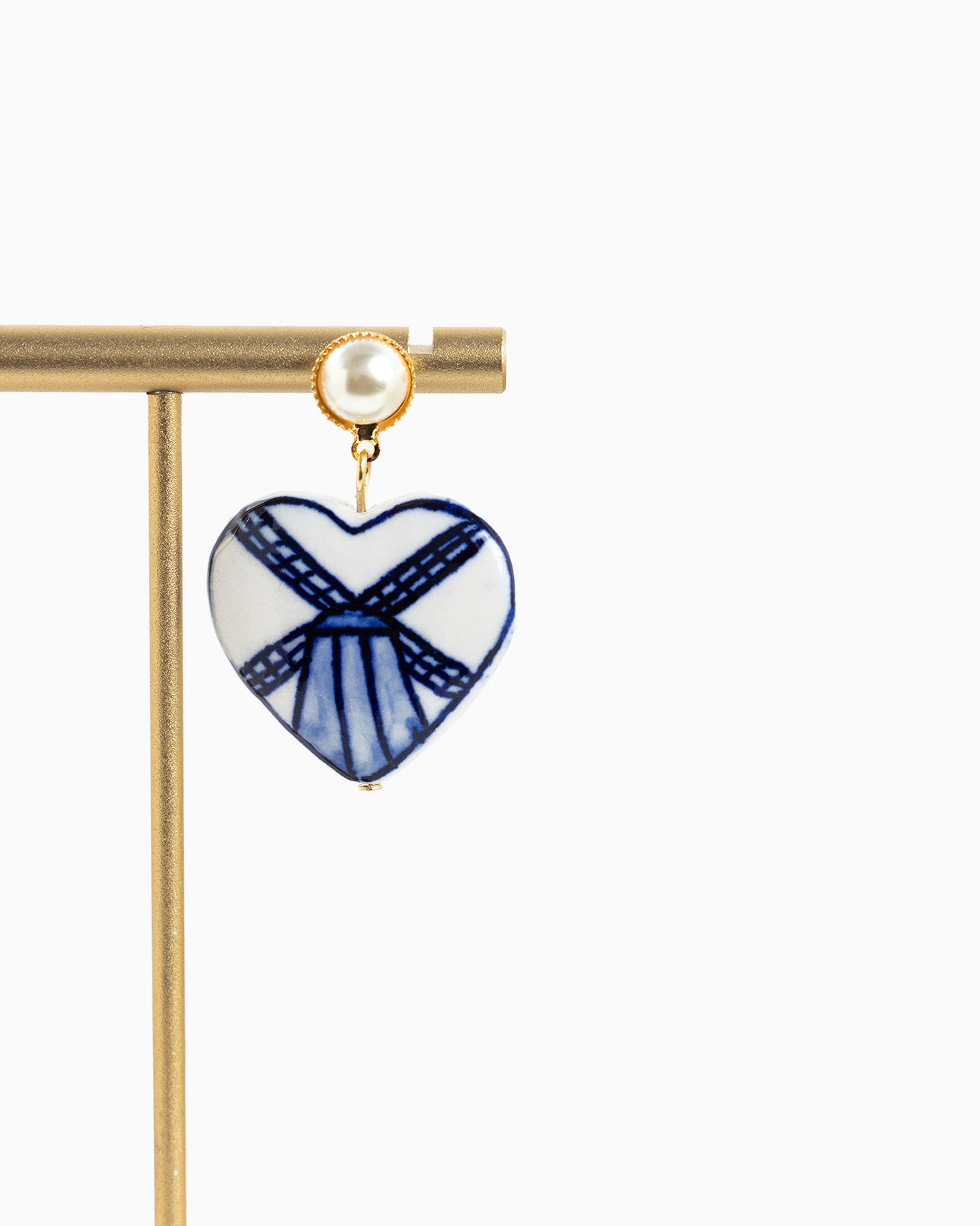 Pearl Drop Ceramic Blue Windmill Heart Earrings
