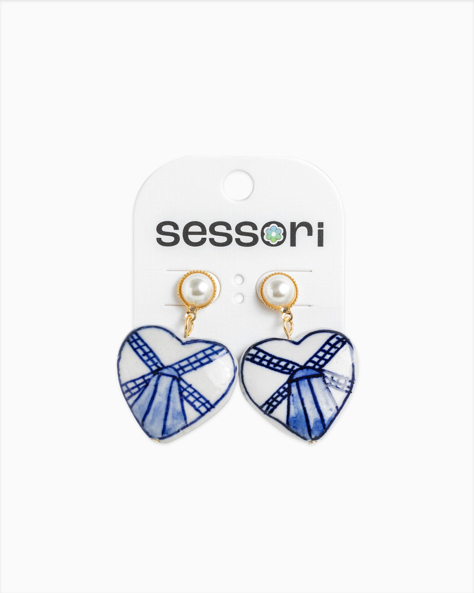 Pearl Drop Ceramic Blue Windmill Heart Earrings