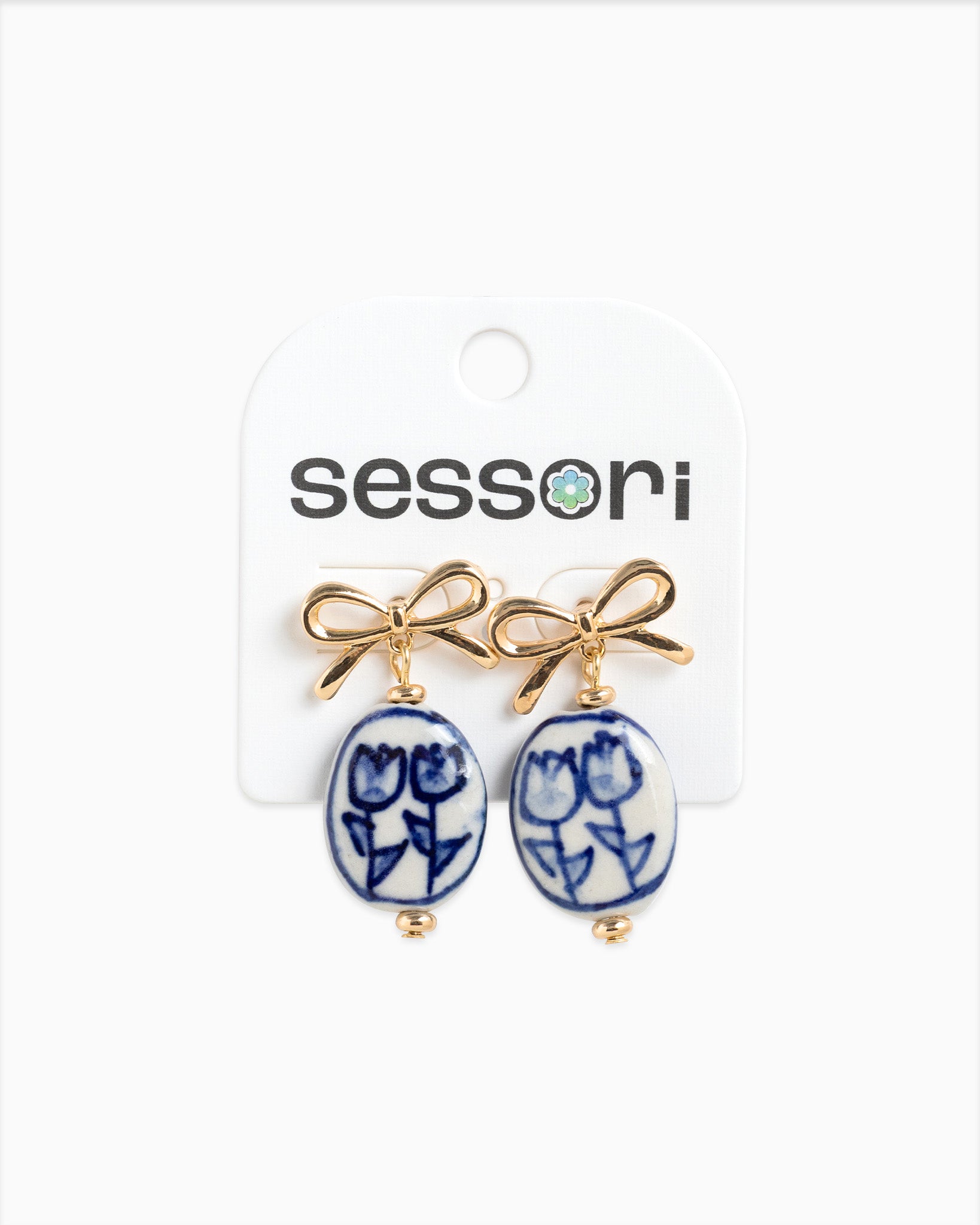 Bow Drop Blue Tulip Ceramic Earrings
