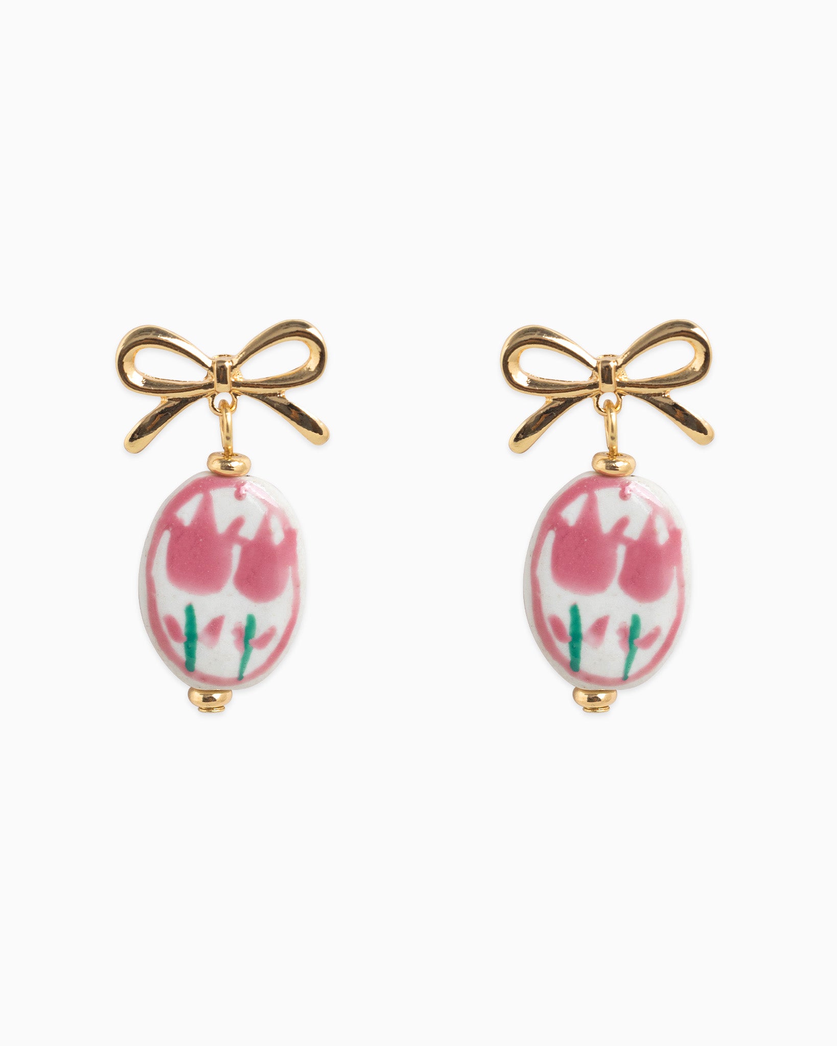 Bow Drop Pink Tulip Ceramic Earrings