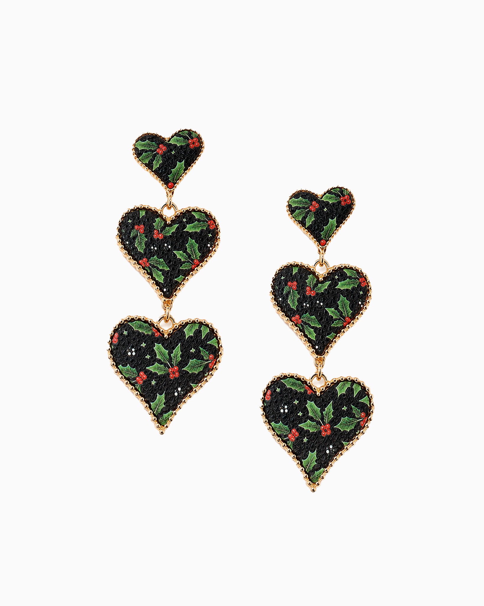 Christmas Print Leather Triple Heart Drop Earrings