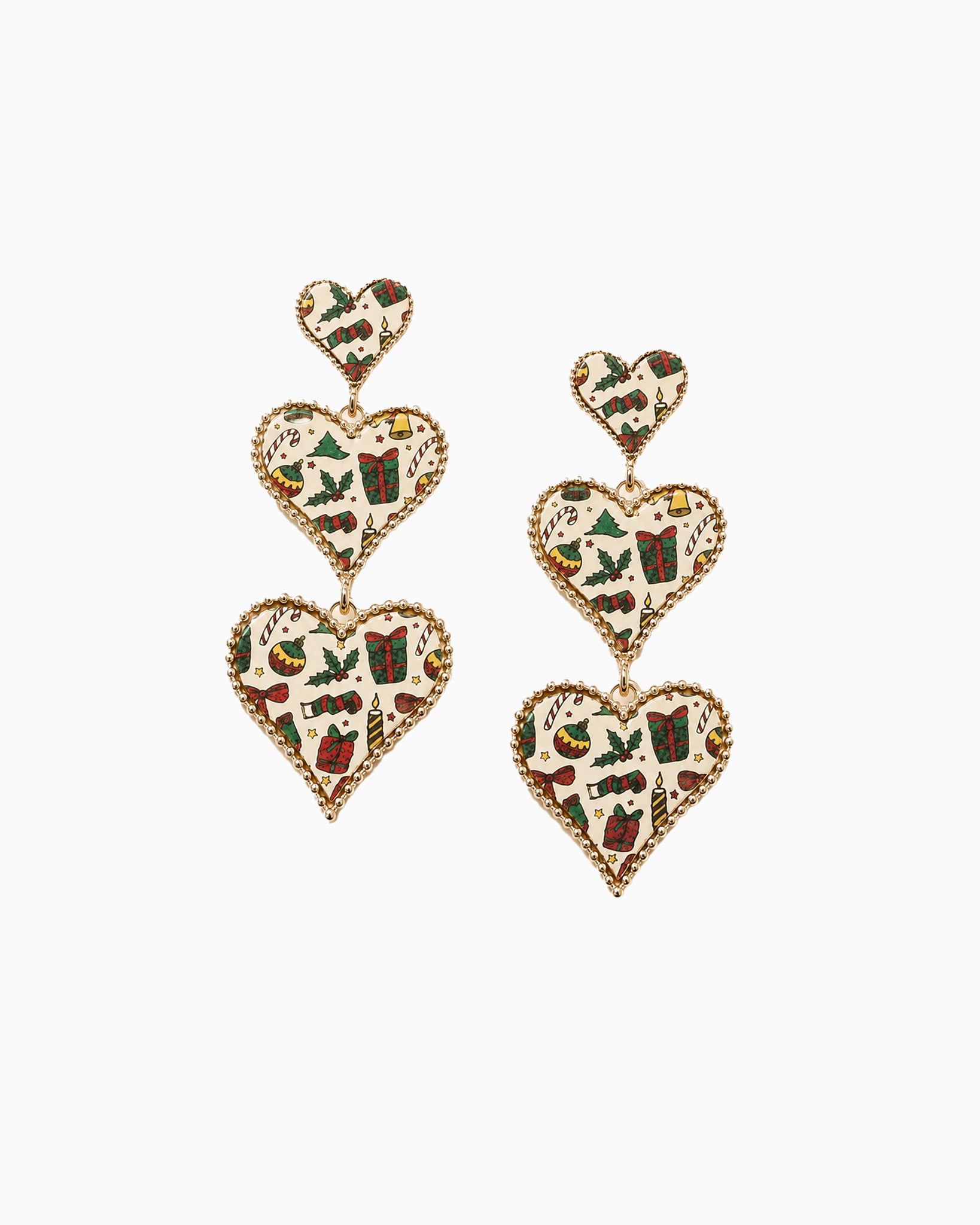 Christmas Print Leather Triple Heart Drop Earrings-3