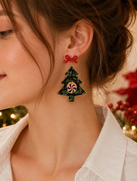Christmas Tree Printed Leather Statement Drop Earrings