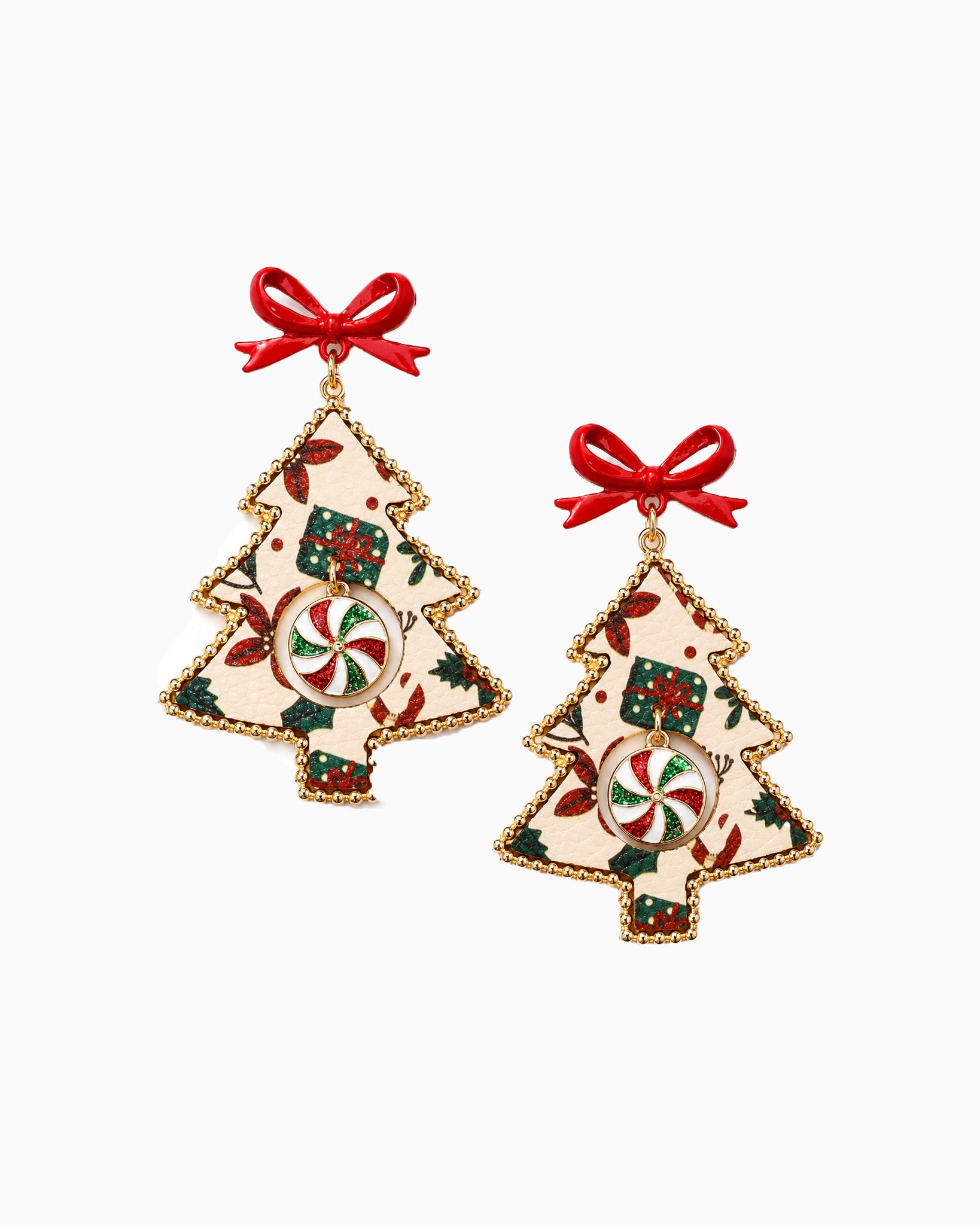 Christmas Tree Printed Leather Statement Drop Earrings-3