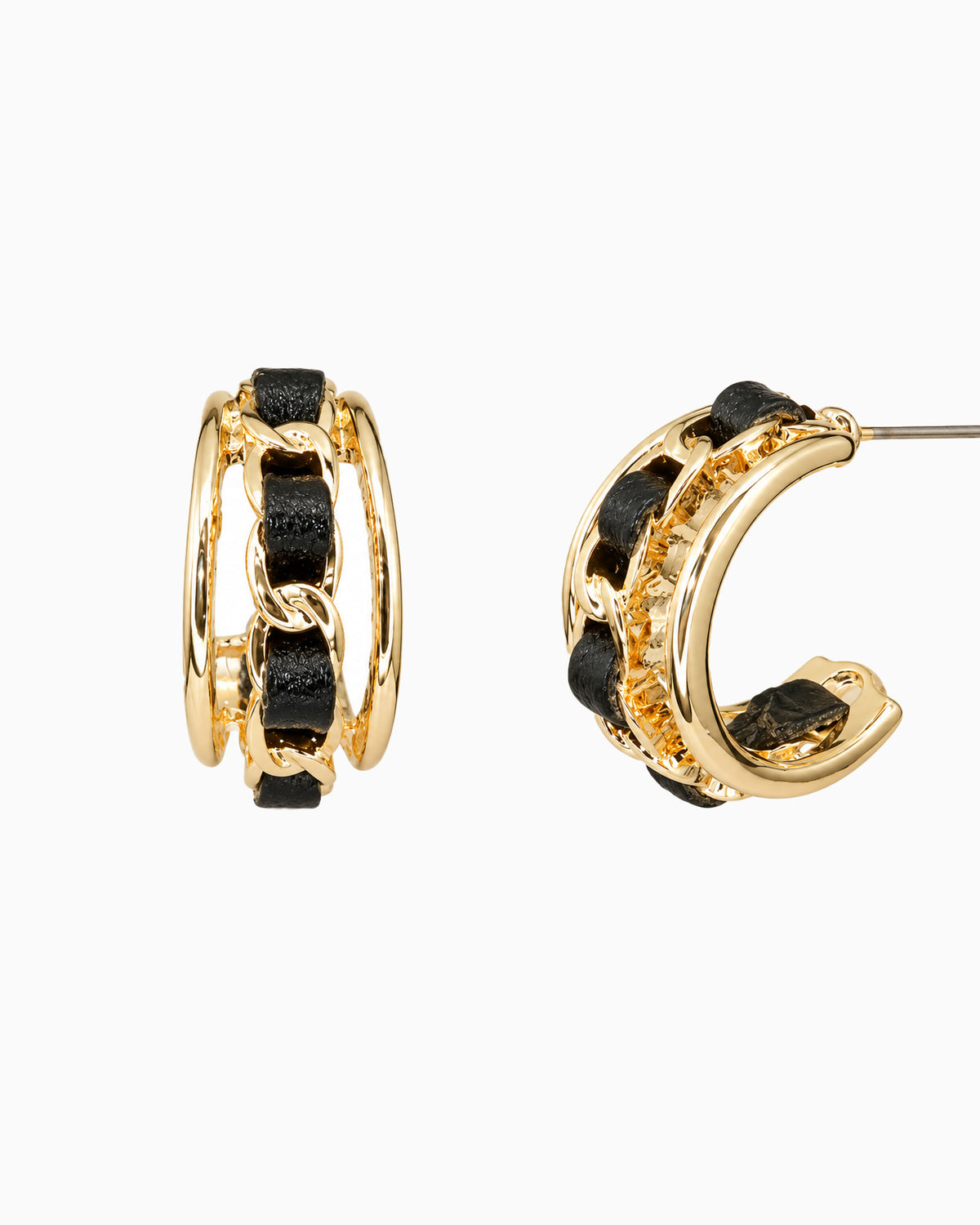 3-Row Leather Chain Hoop Earrings-2