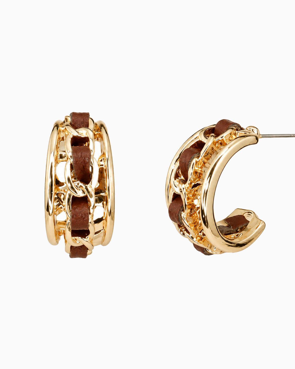 3-Row Leather Chain Hoop Earrings-1