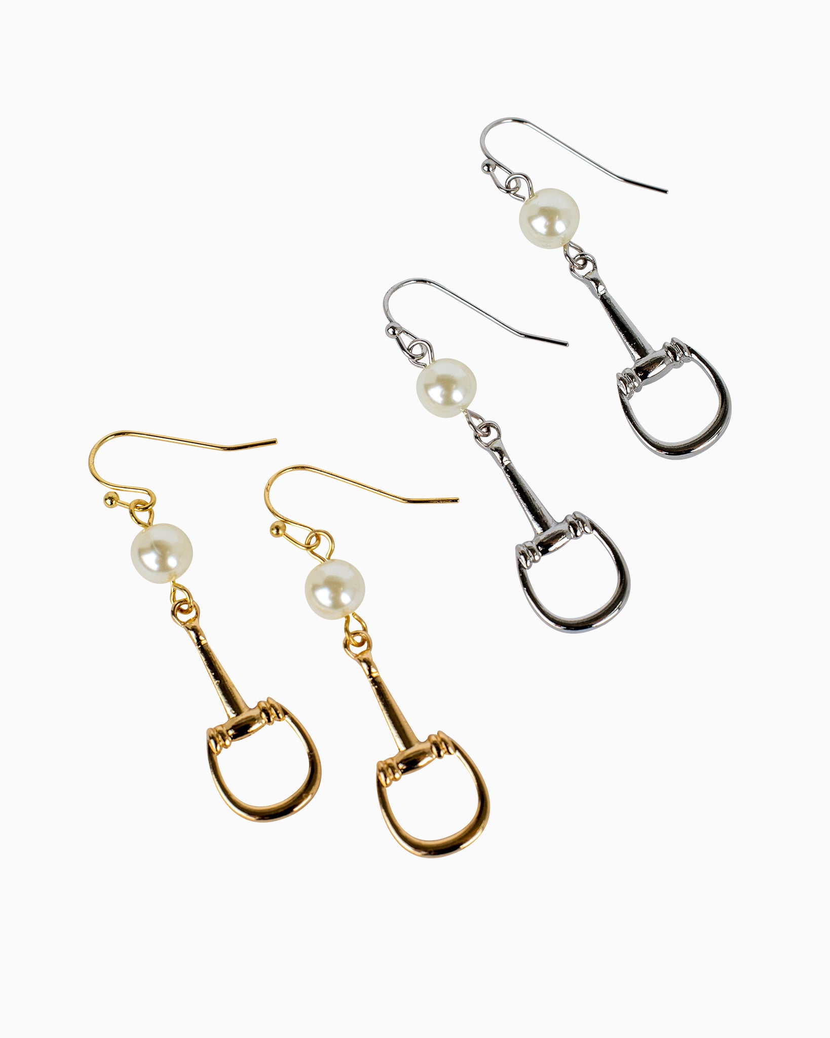 Horsebit Drop Hook Earrings with Cream Pearl Accents-3