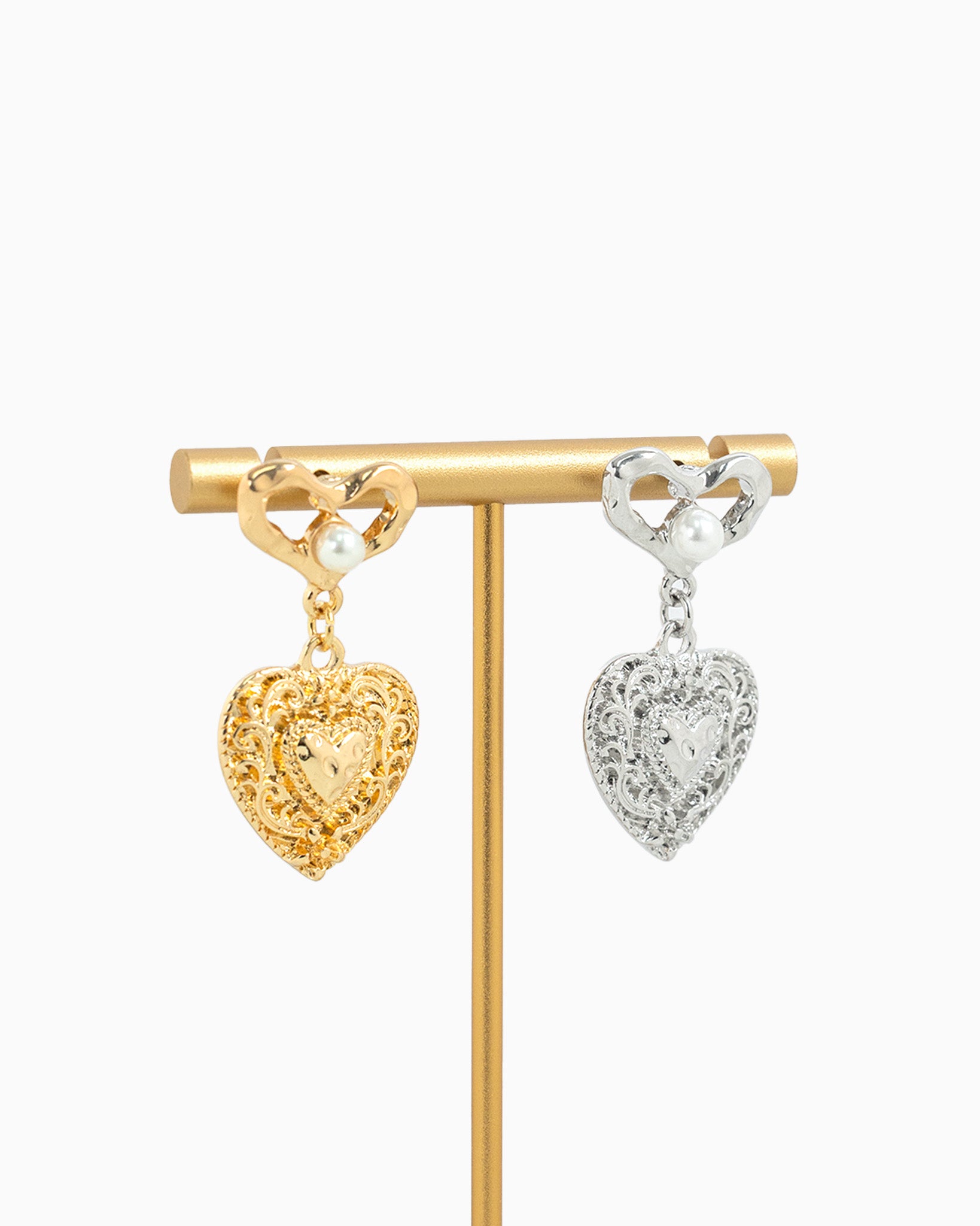Filigree Heart Pearl Accent Drop Earrings