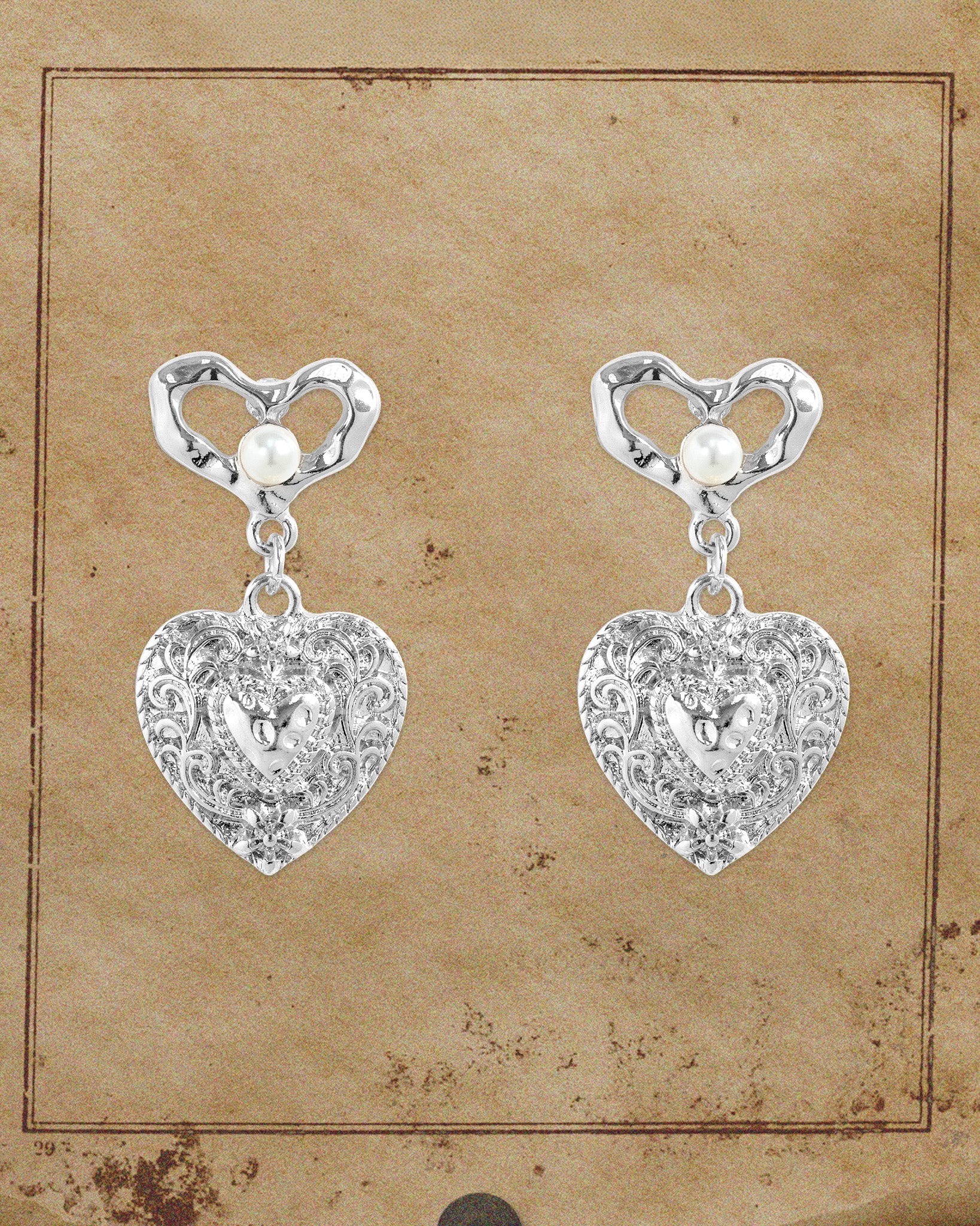 Filigree Heart Pearl Accent Drop Earrings