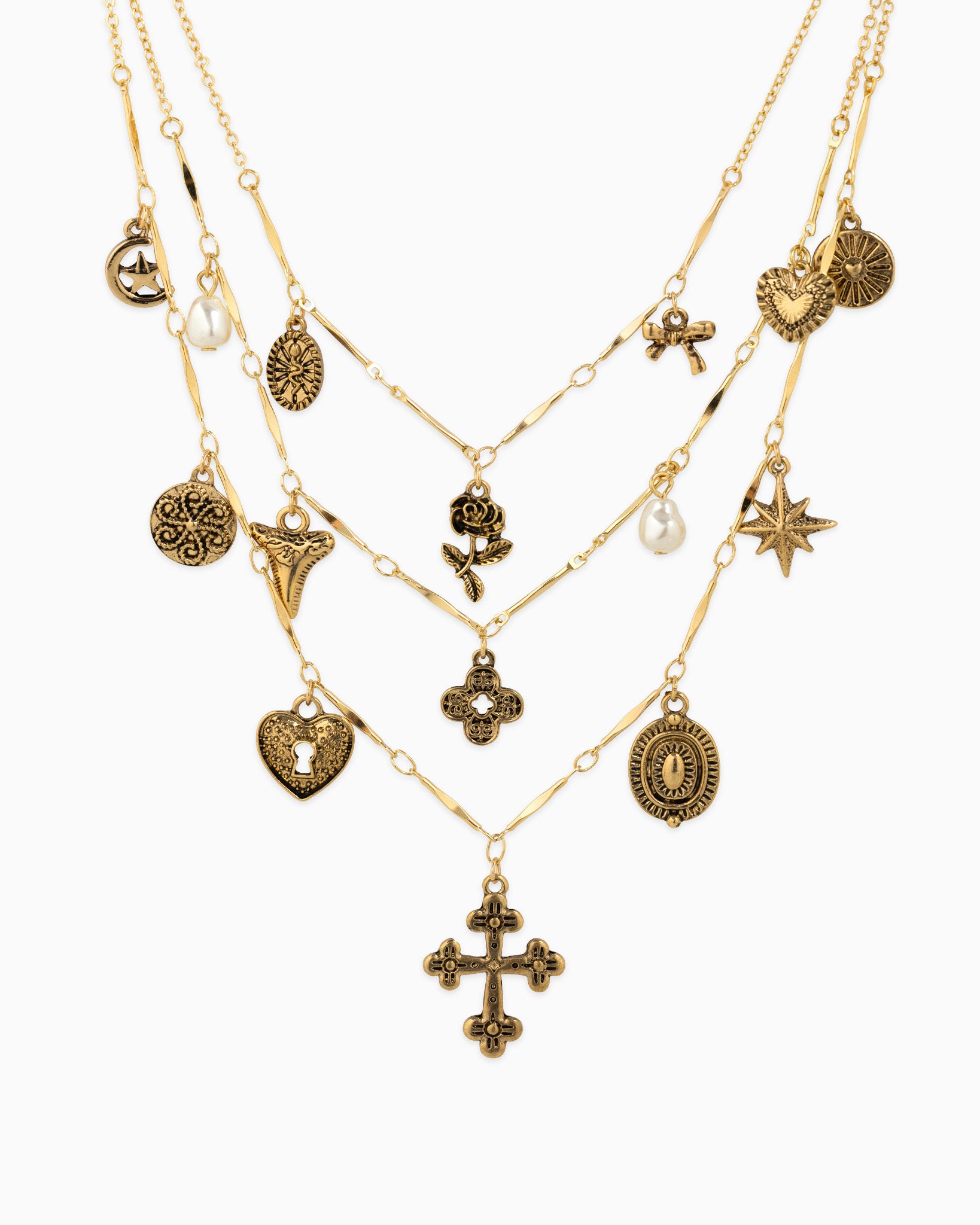 3 Layered Vintage Antique Cross Rose Necklaces