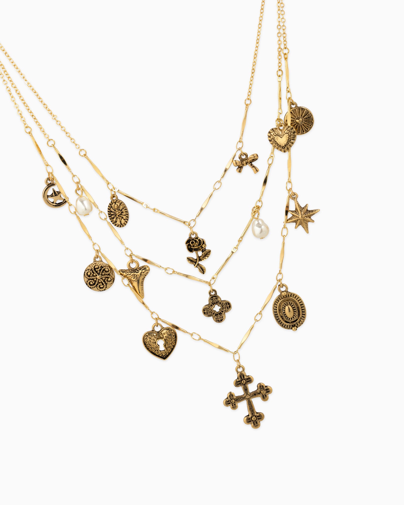 3 Layered Vintage Antique Cross Rose Necklaces