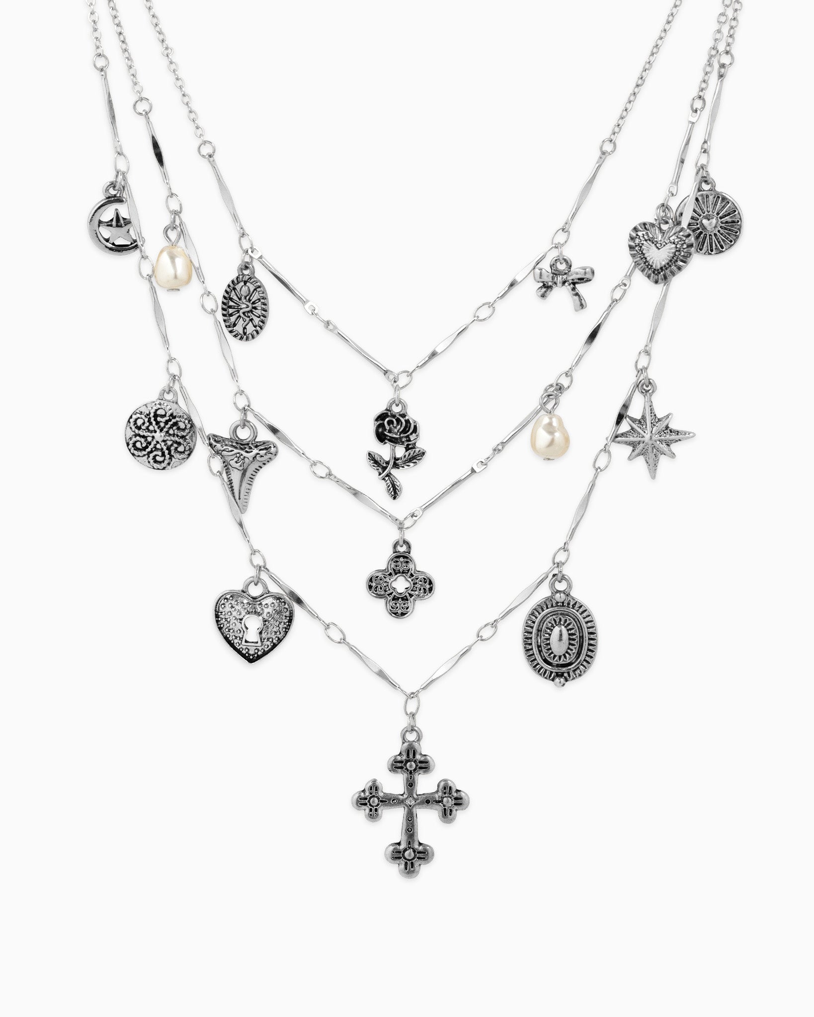3 Layered Vintage Antique Cross Rose Necklaces
