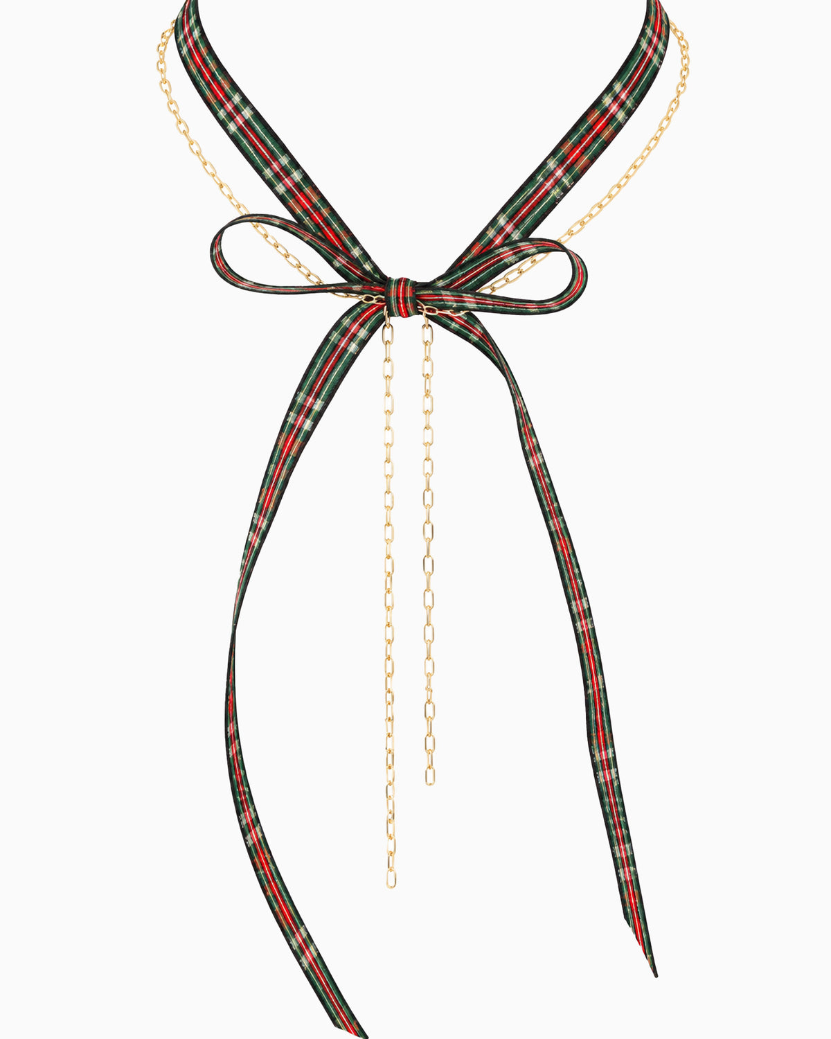 Christmas Plaid Ribbon & Layered Chain Y-Drop Necklace-3