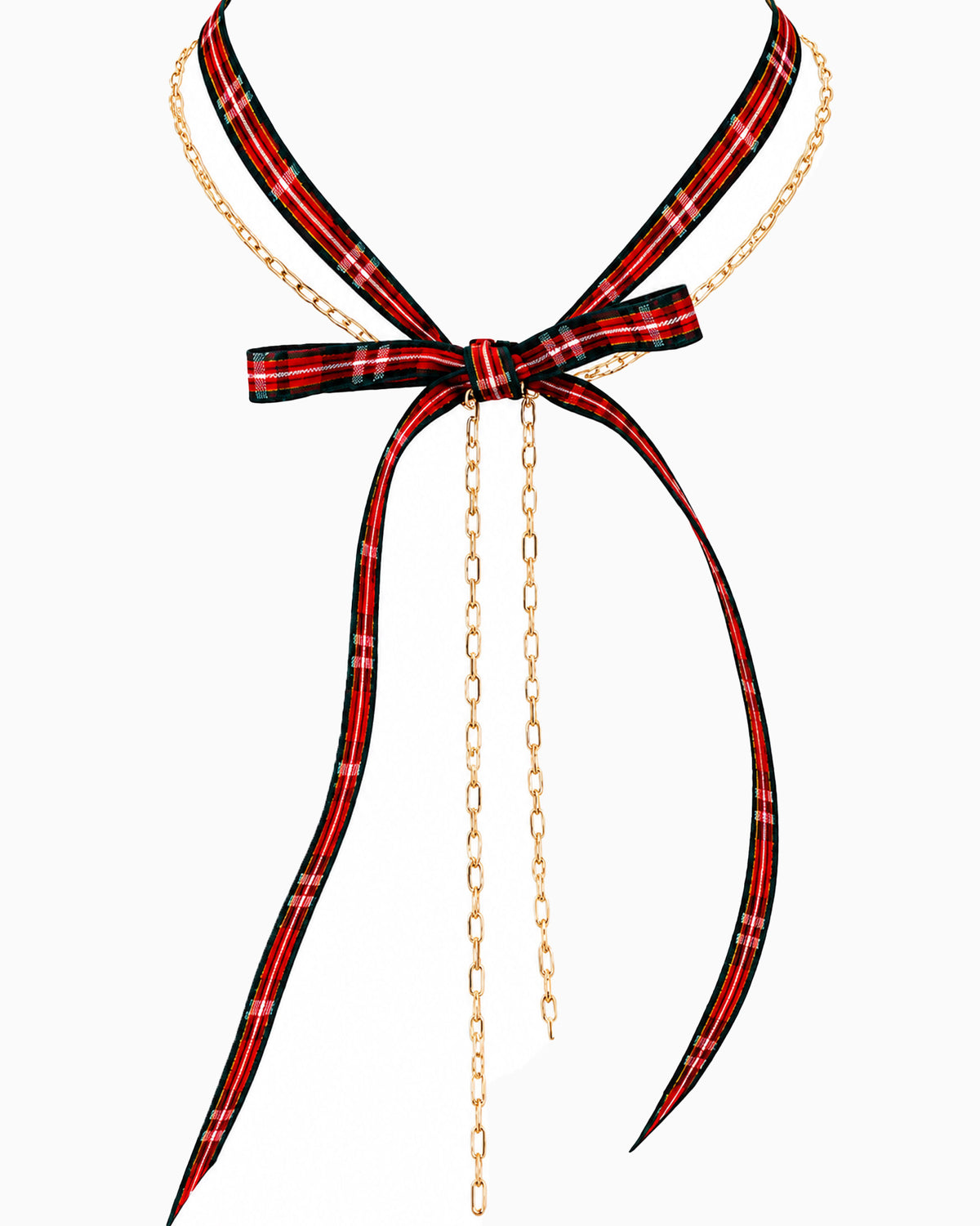 Christmas Plaid Ribbon & Layered Chain Y-Drop Necklace-1