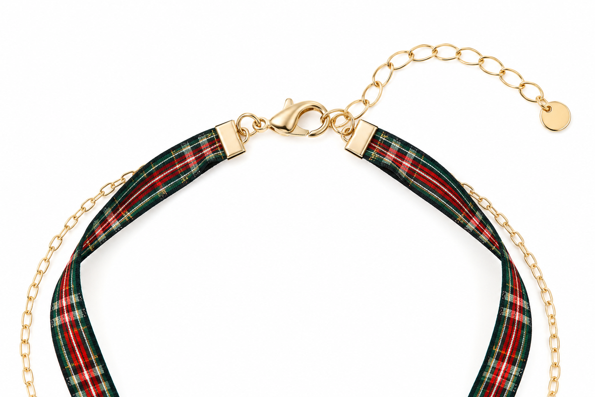 Christmas Plaid Ribbon & Layered Chain Y-Drop Necklace-4