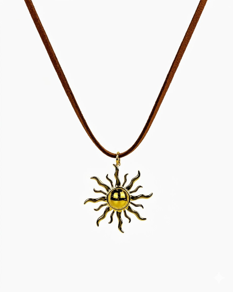 Stainless Steel Large Sunburst Pendant Suede Cord Necklace