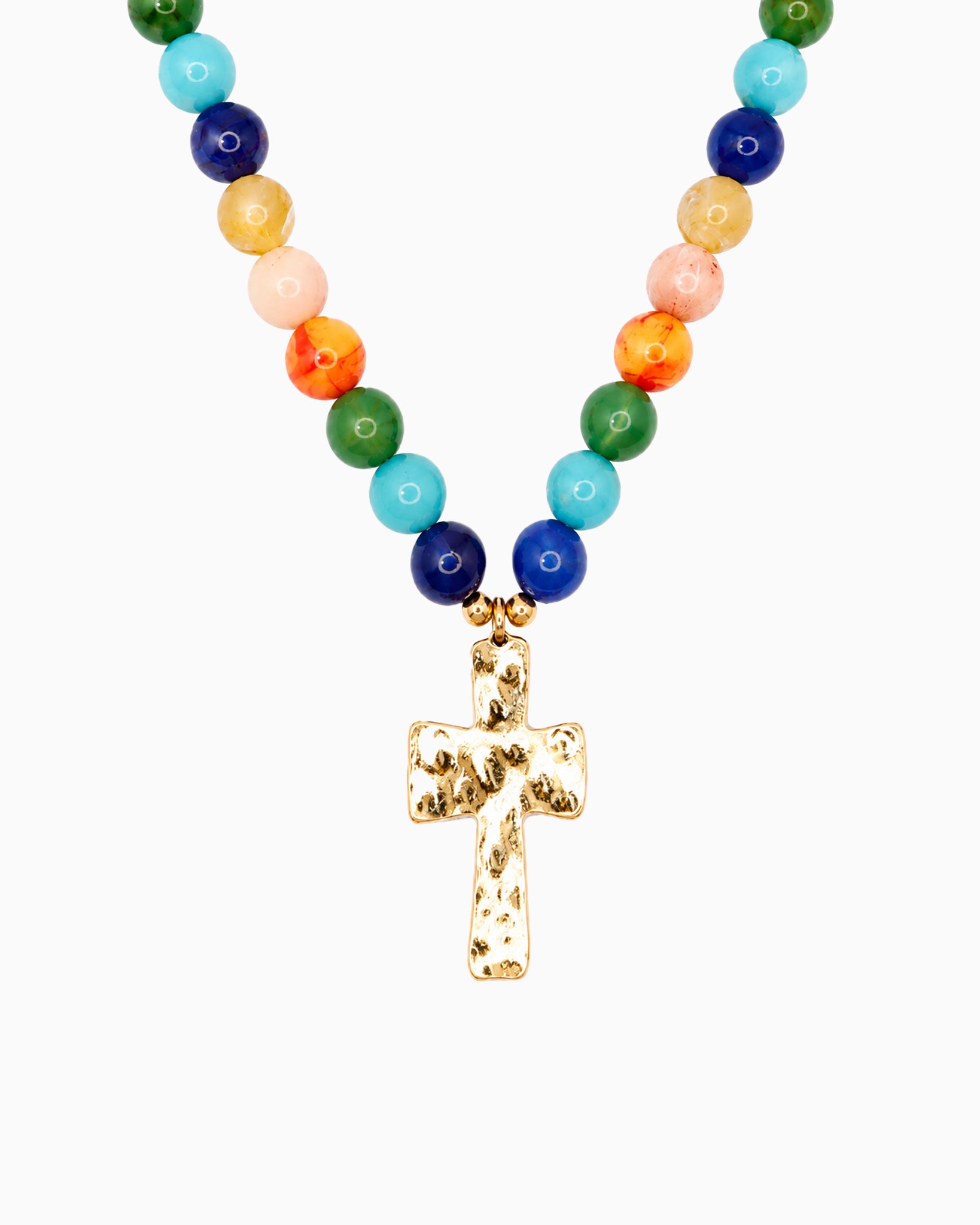 Hammered Cross Pendant Beaded Statement Necklace - 5 Color-4