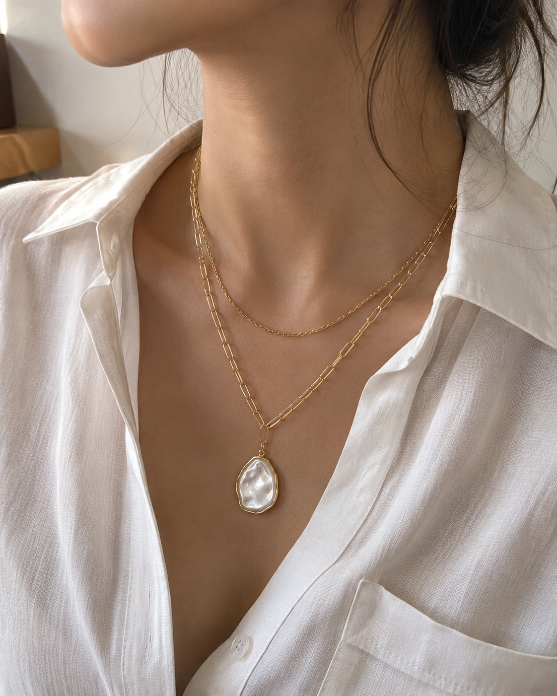 2 Layered Organic Pearl Pendant Necklace-1