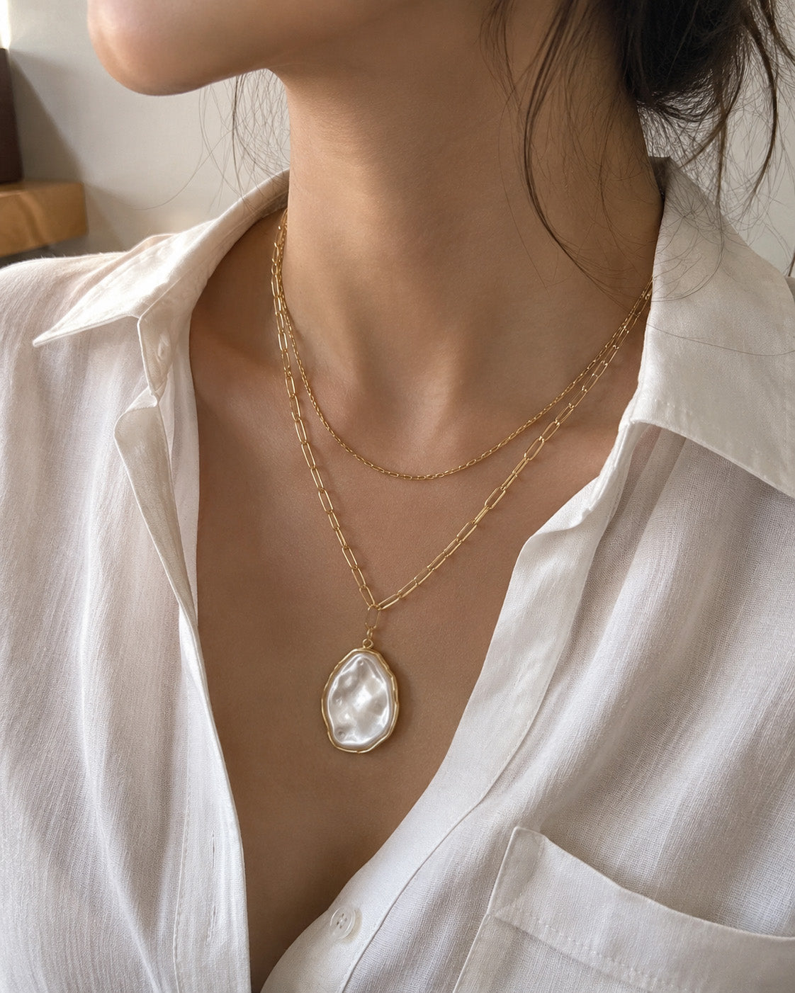 2 Layered Organic Pearl Pendant Necklace