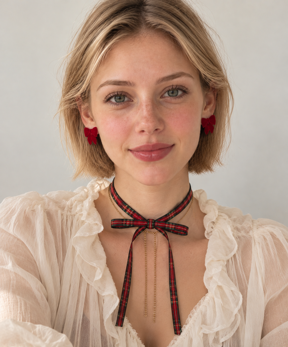 Christmas Plaid Ribbon & Layered Chain Y-Drop Necklace-2