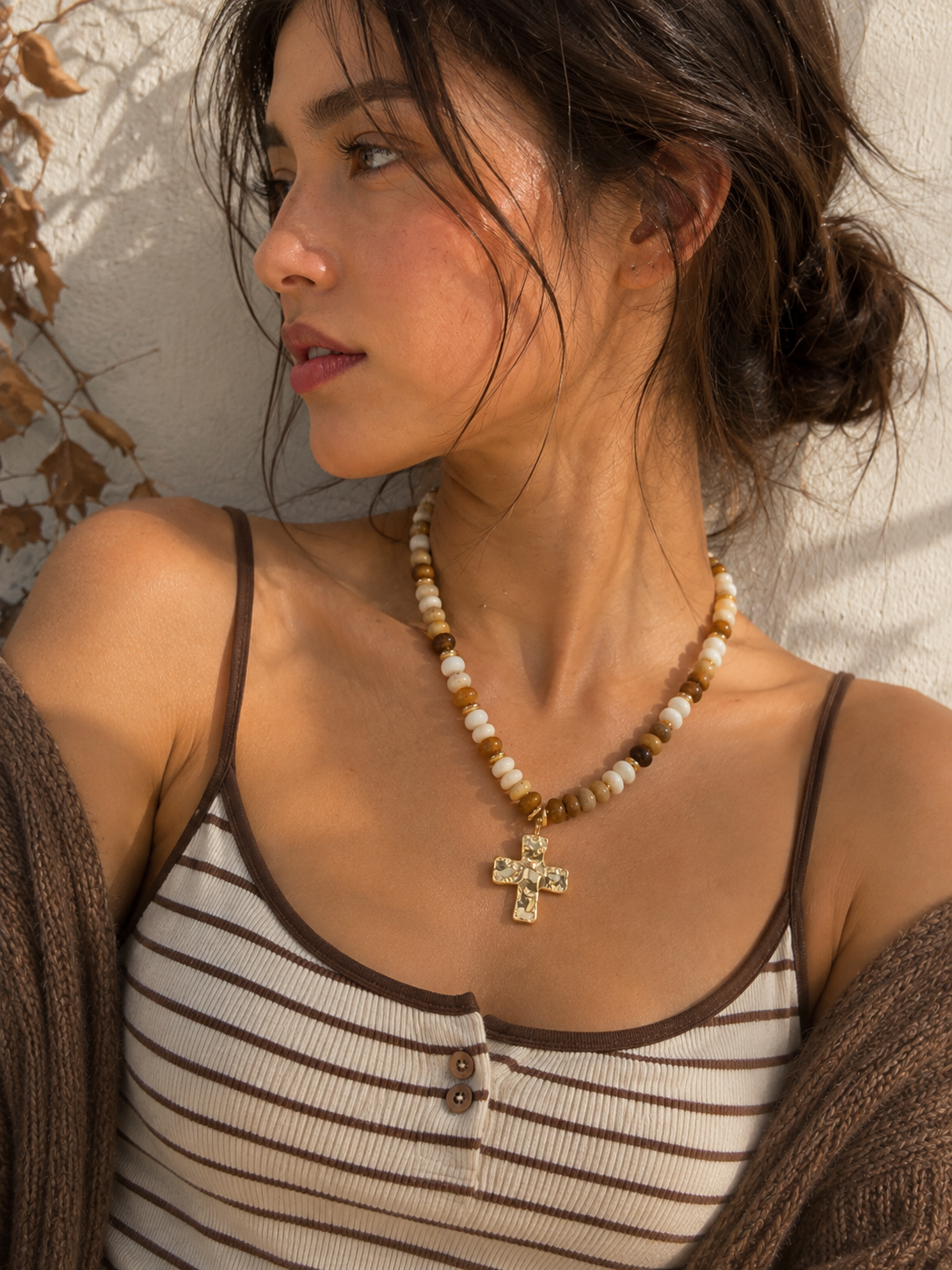 Hammered Cross Beaded Necklace-2